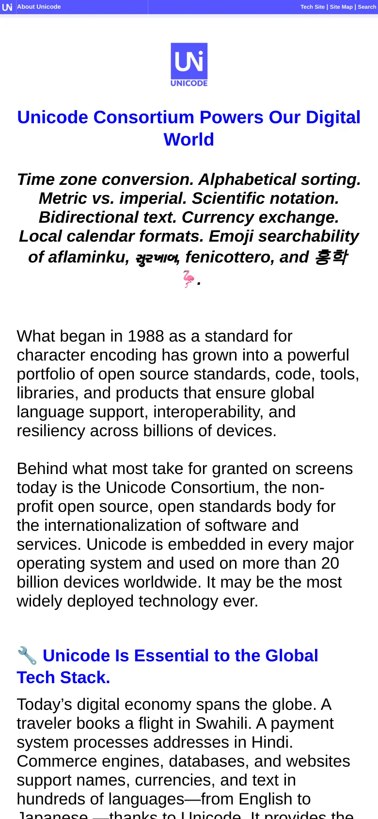 The mobile version presents a single-column layout with the blue Unicode logo and headline centered at the top. The content is vertically stacked, showing the emoji-led sections and text descriptions in a narrow, scrollable format optimized for small screens.