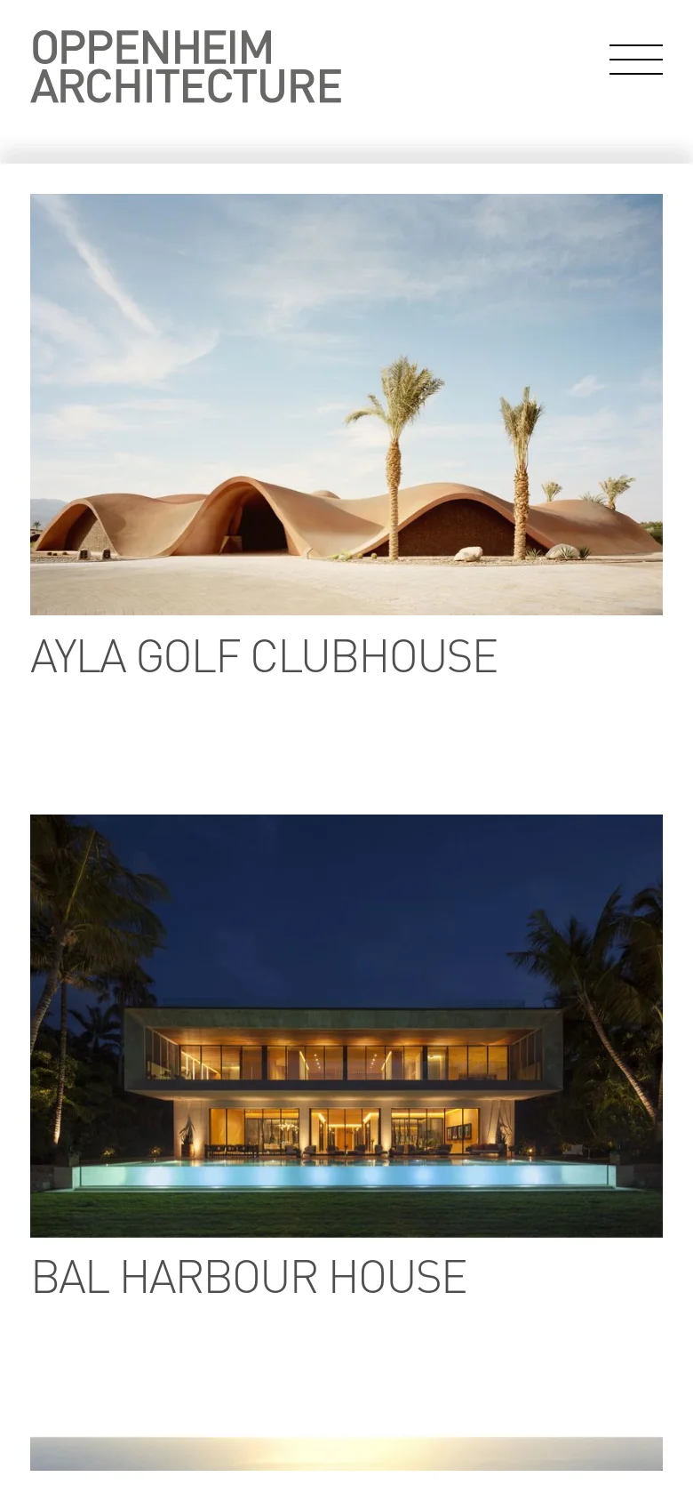 The mobile version simplifies the layout into a single-column vertical scroll of large, full-width architectural images. Each image is followed by its corresponding project title in all-caps. The navigation menu is hidden behind a hamburger icon in the top right corner, and the 'OPPENHEIM ARCHITECTURE' logo is prominently displayed at the top.