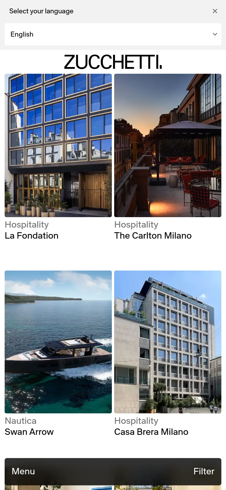 The mobile version maintains the minimalist aesthetic but adapts the project grid into a single-column vertical scroll. The large project images are stacked one on top of another, with the category and project title appearing directly underneath each image. A black navigation bar with 'Menu' and 'Filter' options is pinned to the bottom of the screen.