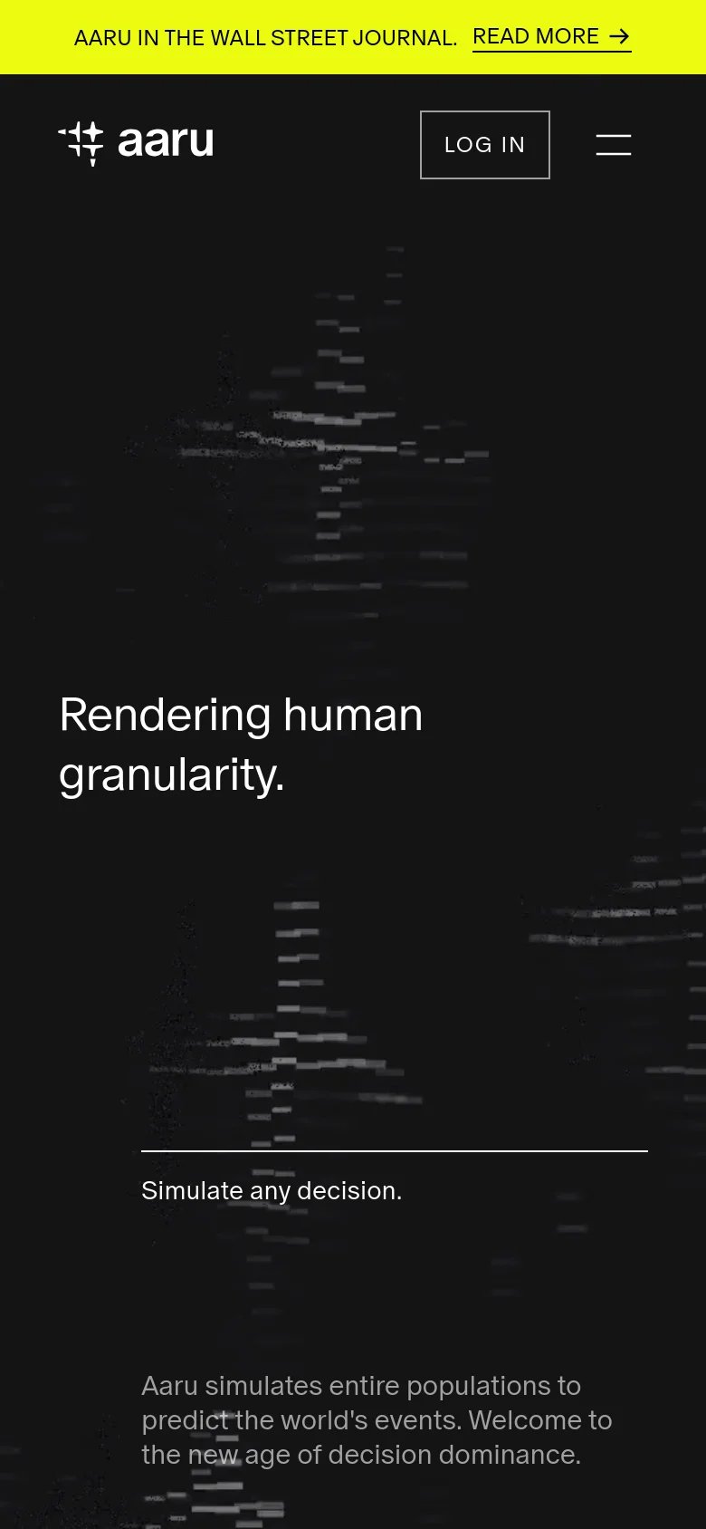 The mobile version maintains the dark theme and abstract data background but uses a simplified layout. The navigation is condensed into a hamburger menu icon next to the logo, and the text elements, including the main headline and descriptive paragraph, are vertically stacked for readability on a smaller screen.