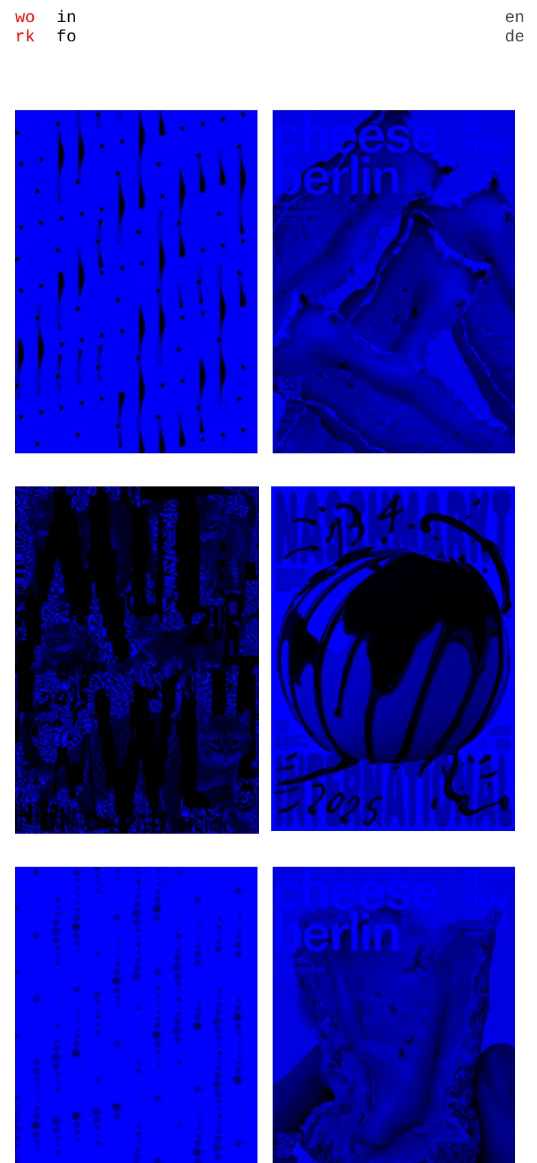 The mobile version maintains the high-contrast blue and black aesthetic but transitions the desktop grid into a single-column vertical scroll. Project images and text labels are stacked vertically for easier scrolling on a small screen, while the navigation remains at the top corners.