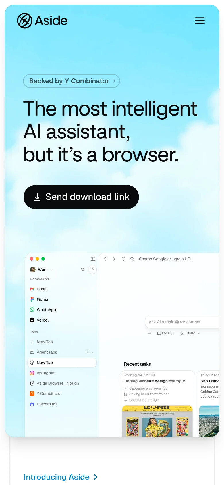 The mobile version uses a vertical layout with a large headline and a prominent black 'Send download link' button against a cloudy blue background. The navigation is condensed into a hamburger menu icon at the top right, and the browser interface screenshot is scaled down to fit the narrow screen width.