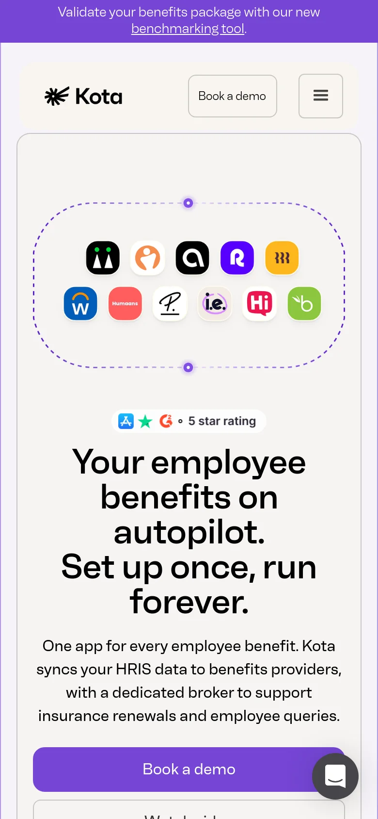 The mobile version presents a vertically stacked layout with a simplified header containing the Kota logo, a 'Book a demo' button, and a hamburger menu. The hero section features the main headline and provider logos arranged in a compact, rounded cluster above the text, followed by large, full-width call-to-action buttons.
