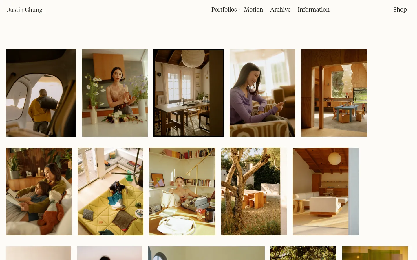 The desktop homepage features a minimalist white layout with the name 'Justin Chung' in a serif font at the top left. A navigation menu with links like Portfolios, Motion, and Archive is at the top right, while a grid of large, vertical lifestyle and interior photography fills the center of the page.