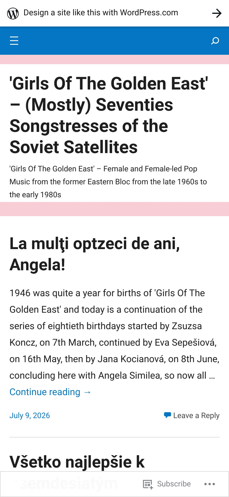 The mobile version simplifies the layout, replacing the large teal hero section with a white header containing a hamburger menu icon and a search icon. The title and description are displayed in black text on a white background. The blog feed follows below, showing post titles like 'La mulți optzeci de ani, Angela!' in a single-column vertical scroll.