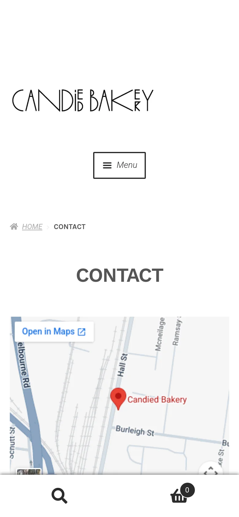 The mobile version presents a simplified vertical layout with the logo and a hamburger menu button at the top. The 'CONTACT' heading is followed by the Google Map, which includes an 'Open in Maps' button, and the contact details are stacked vertically below the map.