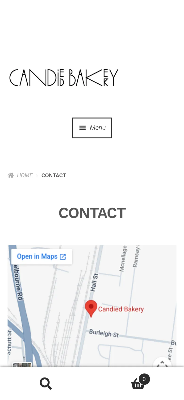 The mobile version presents a simplified vertical layout with the logo and a hamburger menu button at the top. The 'CONTACT' heading is followed by the Google Map, which includes an 'Open in Maps' button, and the contact details are stacked vertically below the map.
