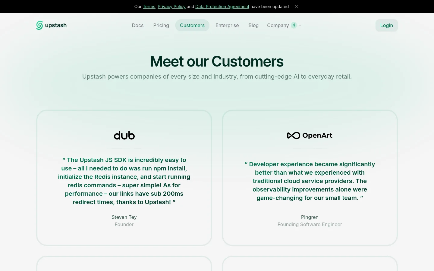 The desktop page features a light mint green background with a centered headline 'Meet our Customers' and a subheadline. Below, a grid of large, rounded white cards displays customer testimonials, including logos for 'dub' and 'OpenArt', followed by quotes, names, and titles. The navigation bar at the top includes links for Docs, Pricing, Customers, Enterprise, Blog, and Company, alongside a Login button.
