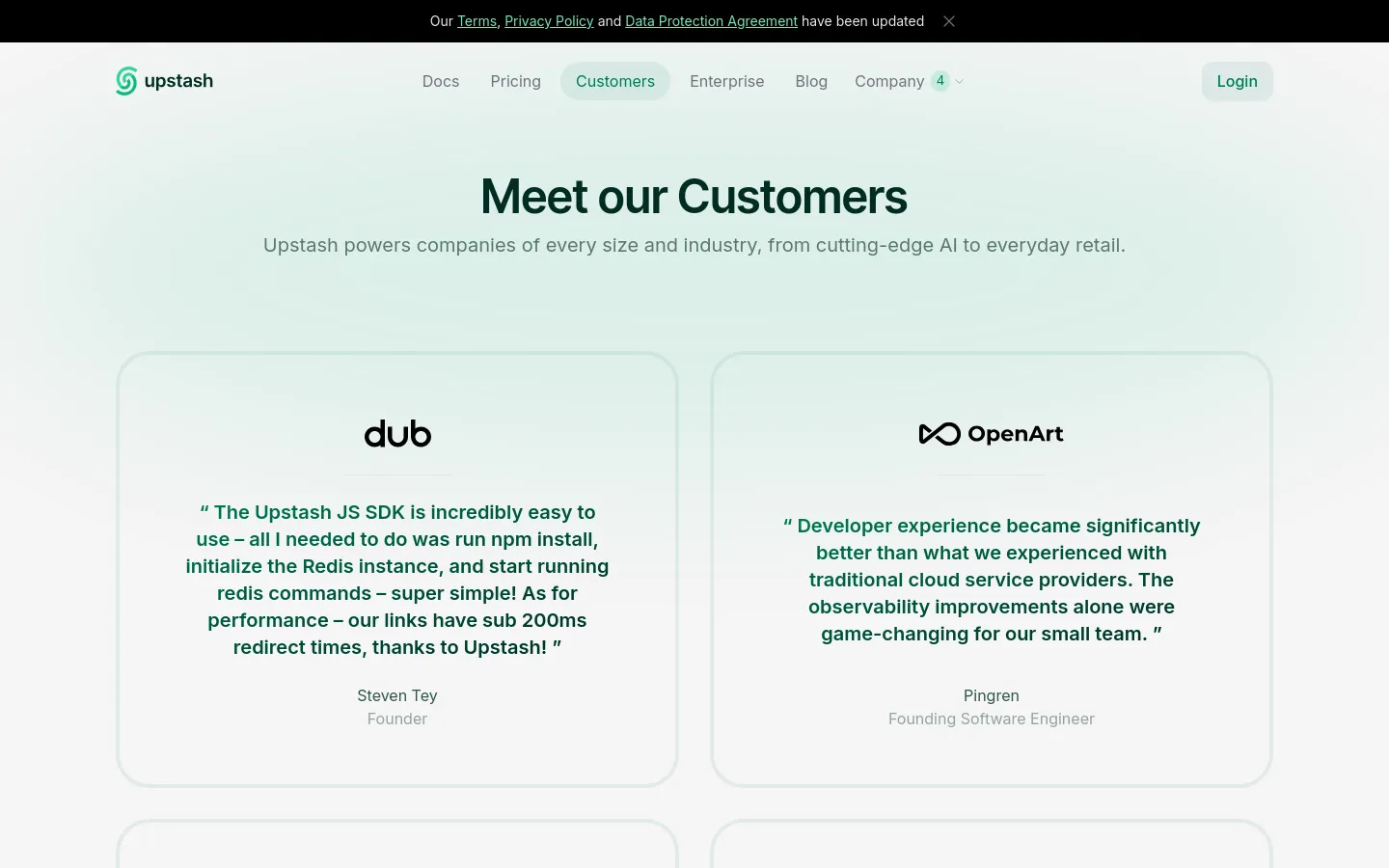 The desktop page features a light mint green background with a centered headline 'Meet our Customers' and a subheadline. Below, a grid of large, rounded white cards displays customer testimonials, including logos for 'dub' and 'OpenArt', followed by quotes, names, and titles. The navigation bar at the top includes links for Docs, Pricing, Customers, Enterprise, Blog, and Company, alongside a Login button.
