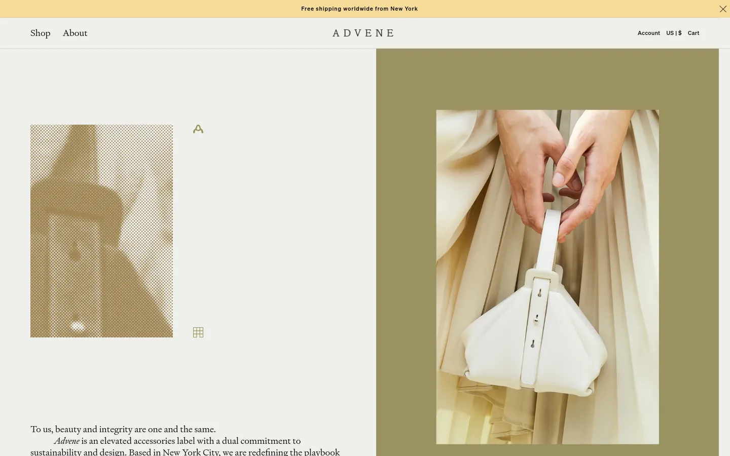 The desktop About page features a minimalist design with a neutral, cream-colored background and olive green accents. A large hero section displays a split layout with a textured close-up image on the left and a vertical lifestyle photo of a person holding a white handbag on the right. The navigation includes links for Shop, About, Account, and Cart, with the brand name 'ADVENE' centered at the top.