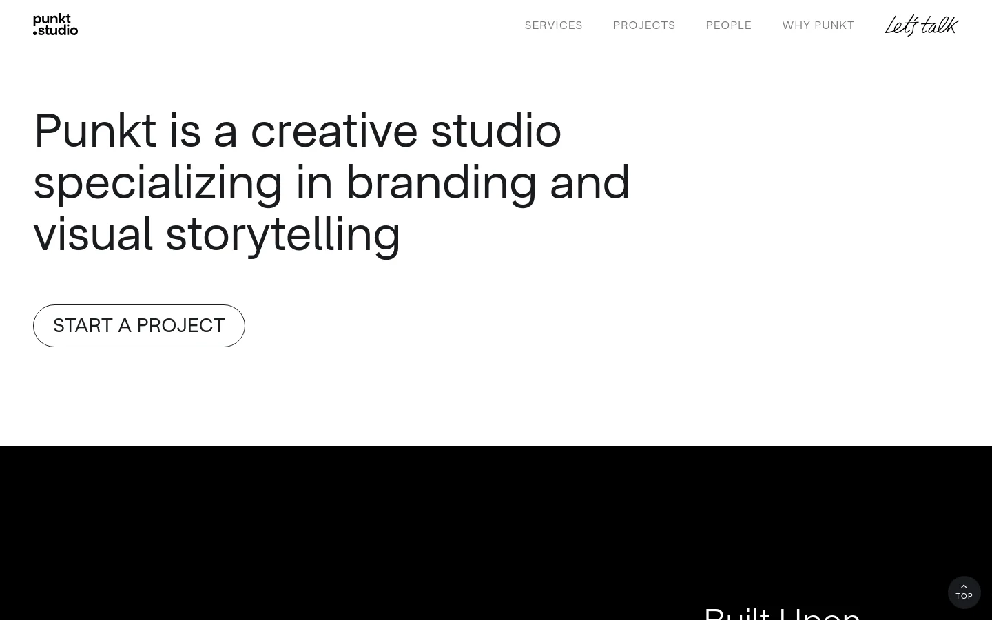 The desktop homepage features a minimalist white background with a black logo in the top left and a navigation menu including Services, Projects, People, and Why Punkt. The hero section displays a large, bold headline stating 'Punkt is a creative studio specializing in branding and visual storytelling' above a 'START A PROJECT' call-to-action button.