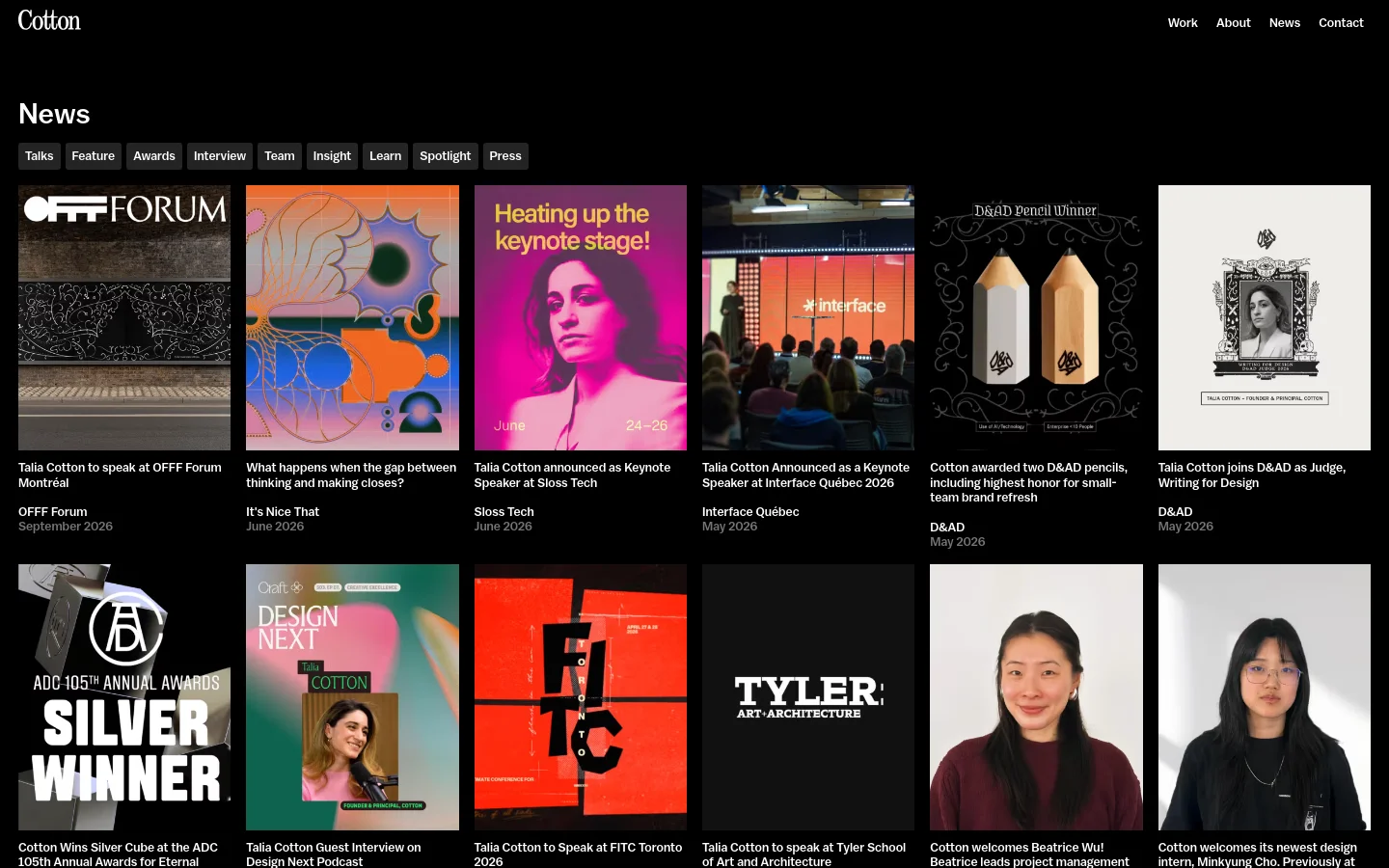 The News page features a dark background with a grid of large, colorful rectangular cards showcasing various news items. Each card contains a high-quality image, a bold headline, the source, and the date. A navigation menu of text-based category filters like 'Talks' and 'Awards' sits below the main 'News' heading.
