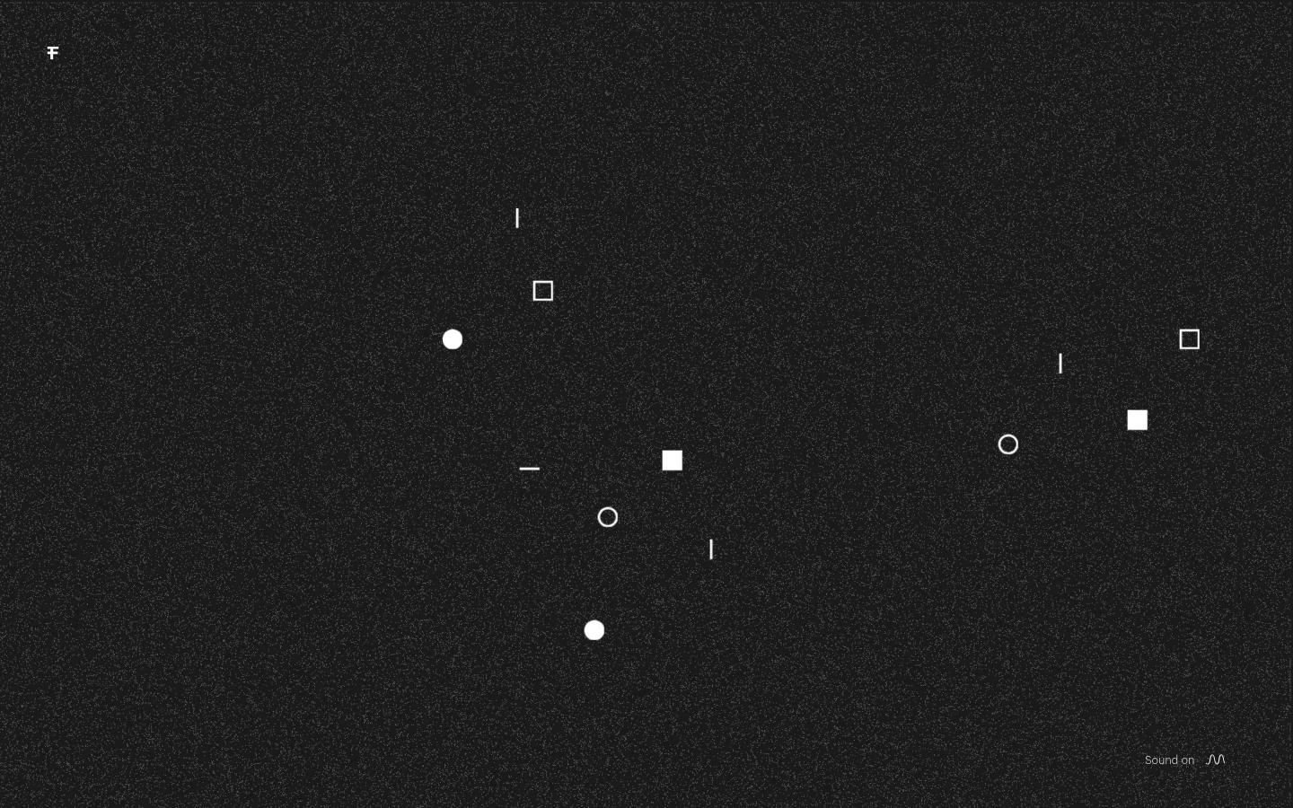 The desktop homepage features a minimalist dark, grainy background with scattered white geometric shapes like circles, squares, and lines. A large logo sits in the top left, and a 'Sound on' toggle with a waveform icon is in the bottom right.