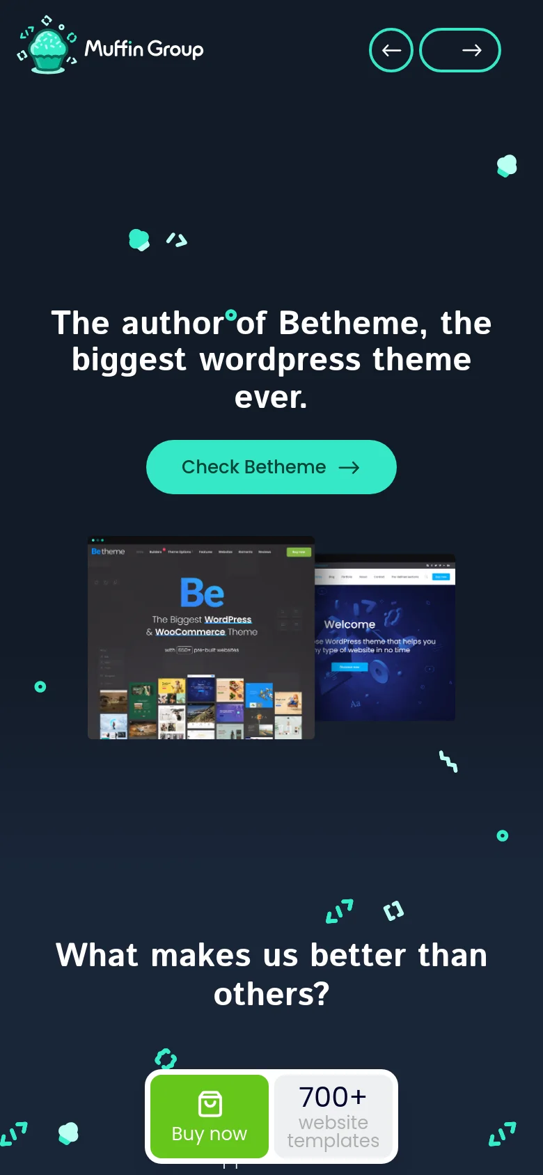 The mobile version maintains the dark navy theme but rearranges content into a vertical stack. The hero section features the main headline and 'Check Betheme' button prominently, followed by a simplified view of the website interface screenshots. A floating green 'Buy now' button with '700+ website templates' text is anchored to the bottom of the screen.