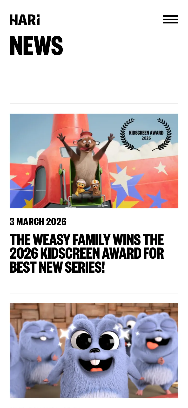 The mobile version maintains the white background and bold black 'NEWS' typography but uses a condensed layout. The top navigation is replaced by a hamburger menu icon on the right, and the news articles are stacked vertically with the images appearing above the text content.