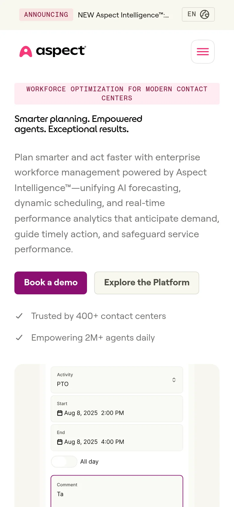 The mobile version uses a vertical layout with a hamburger menu icon in the top right for navigation. The hero text and description are centered, followed by two stacked buttons for 'Book a demo' and 'Explore the Platform.' The software interface graphic is scaled down to fit the narrower screen width.