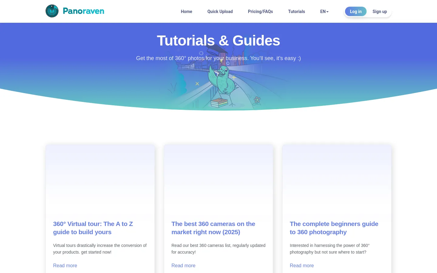 The desktop version features a white navigation bar with the Panoraven logo and links for Home, Quick Upload, Pricing/FAQs, Tutorials, and language selection. A large blue hero section contains the headline 'Tutorials & Guides' and a playful illustration of a bird, followed by a grid of white cards containing tutorial articles with blue text and 'Read more' links.