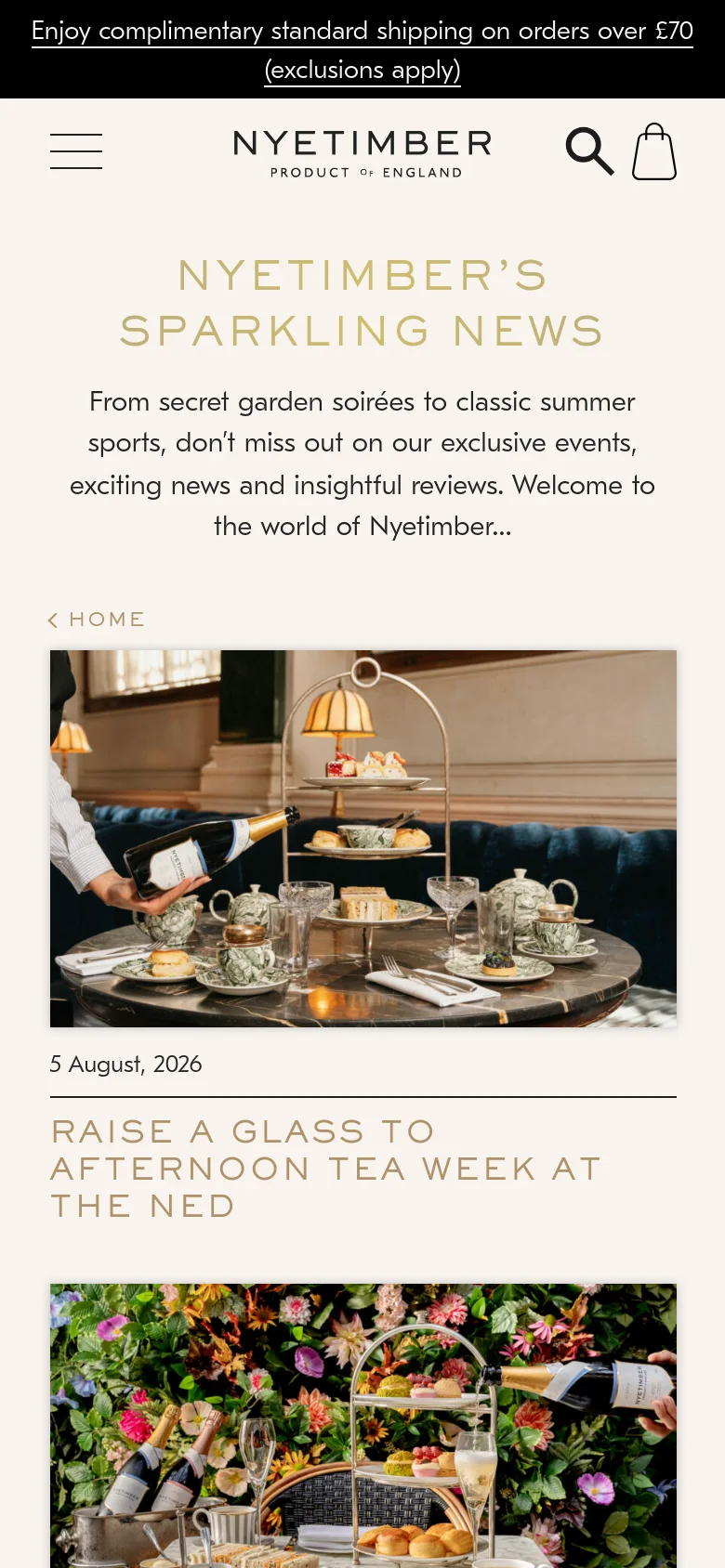 The mobile version uses a simplified layout with a hamburger menu icon, the Nyetimber logo, a search icon, and a shopping bag icon at the top. The content is stacked vertically, beginning with the 'NYETIMBER’S SPARKLING NEWS' header and introductory text, followed by full-width article cards that feature large hero images, dates, and headlines.
