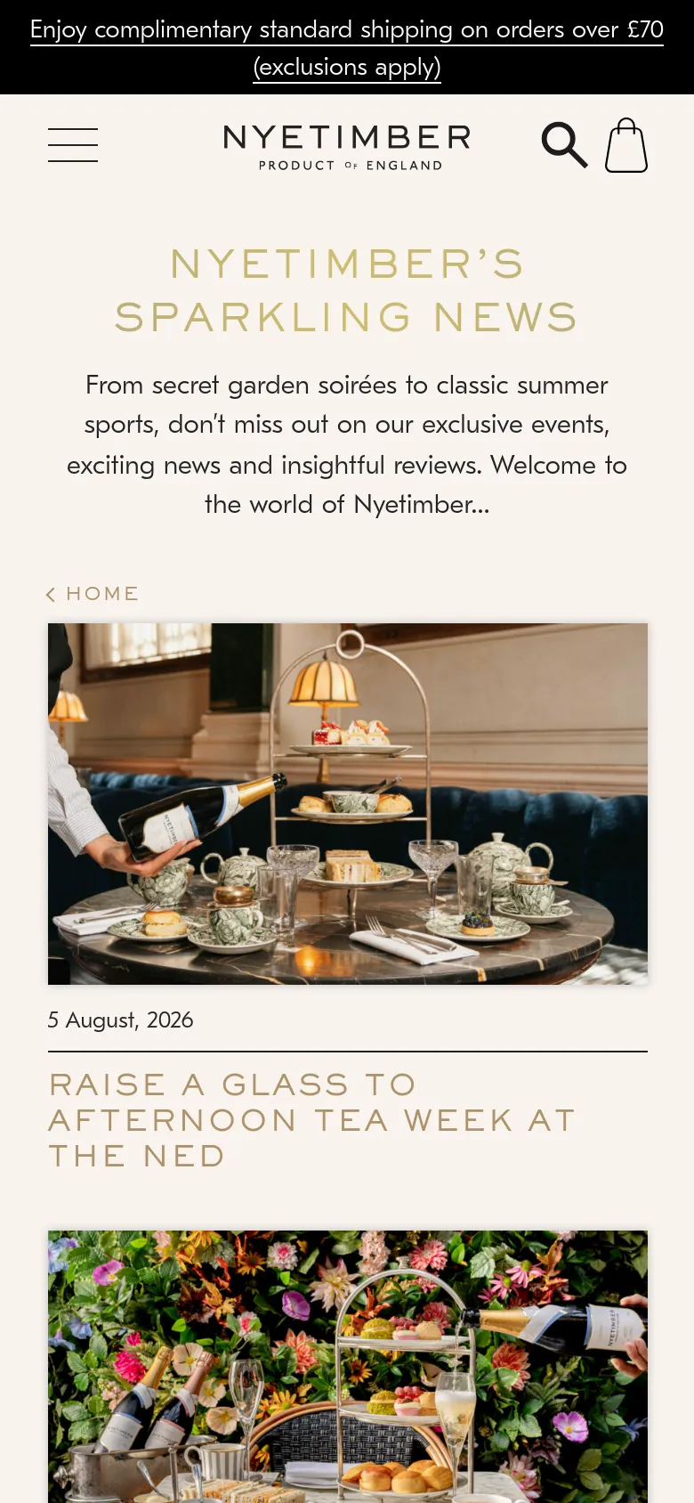 The mobile version uses a simplified layout with a hamburger menu icon, the Nyetimber logo, a search icon, and a shopping bag icon at the top. The content is stacked vertically, beginning with the 'NYETIMBER’S SPARKLING NEWS' header and introductory text, followed by full-width article cards that feature large hero images, dates, and headlines.