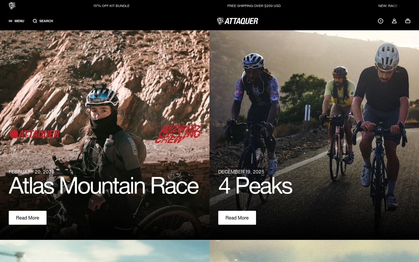 The Stories page features a large grid layout of cycling adventure articles. Two prominent hero stories, 'Atlas Mountain Race' and '4 Peaks,' are displayed side-by-side with full-width cinematic photography of cyclists in mountainous terrain. Each story includes a date, a large white headline, and a 'Read More' button on a dark, minimalist background.