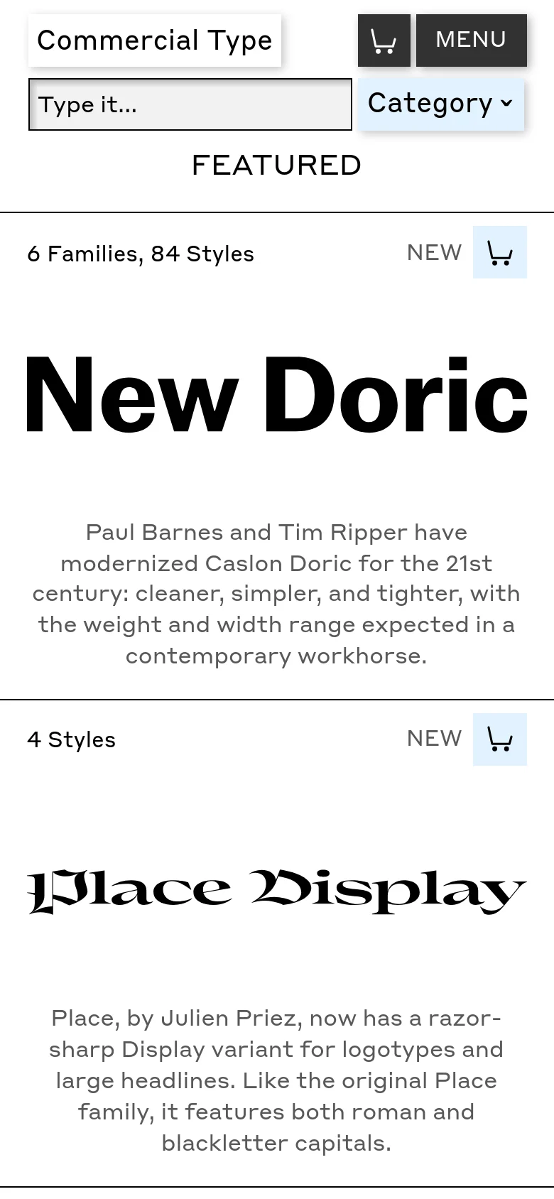 The mobile version simplifies the layout into a vertical stack, prioritizing the font specimens and descriptions. The top navigation is condensed into a 'MENU' button and a shopping cart icon, with a prominent search bar positioned below the brand name.
