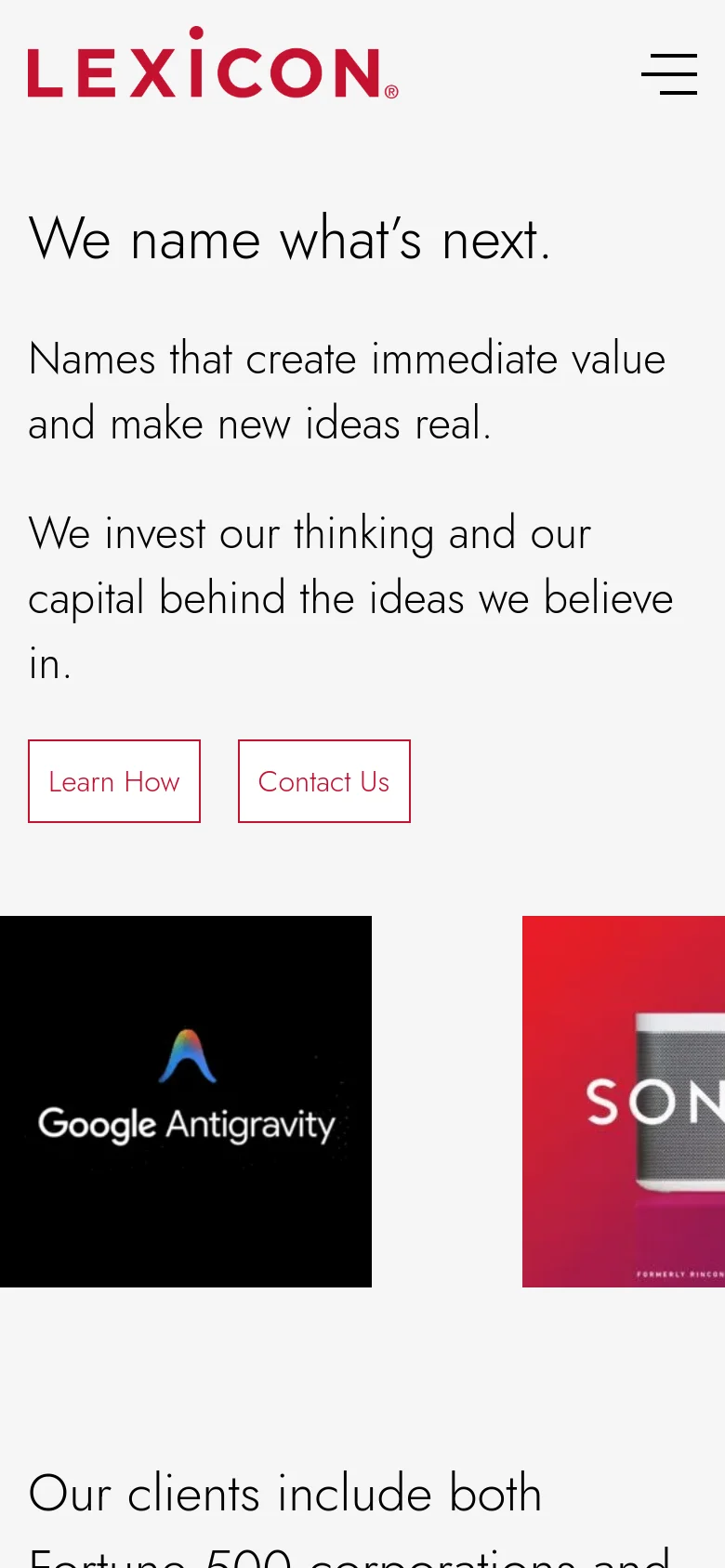 The mobile version presents a single-column vertical layout on a white background. The Lexicon logo is centered at the top next to a hamburger menu icon. The headline, body text, and call-to-action buttons are stacked vertically, followed by a single-column list of large, colorful brand case study images.