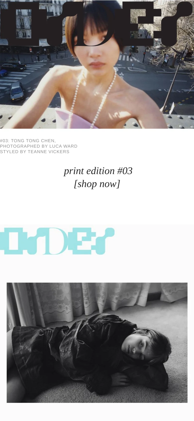 The mobile version presents a vertically stacked layout starting with a cropped version of the hero photograph. The large 'ORDER' logo and navigation links are positioned at the top, followed by the subject credits and a prominent 'print edition #03 [shop now]' call to action. A second large image of a person lying down follows below the initial text section.