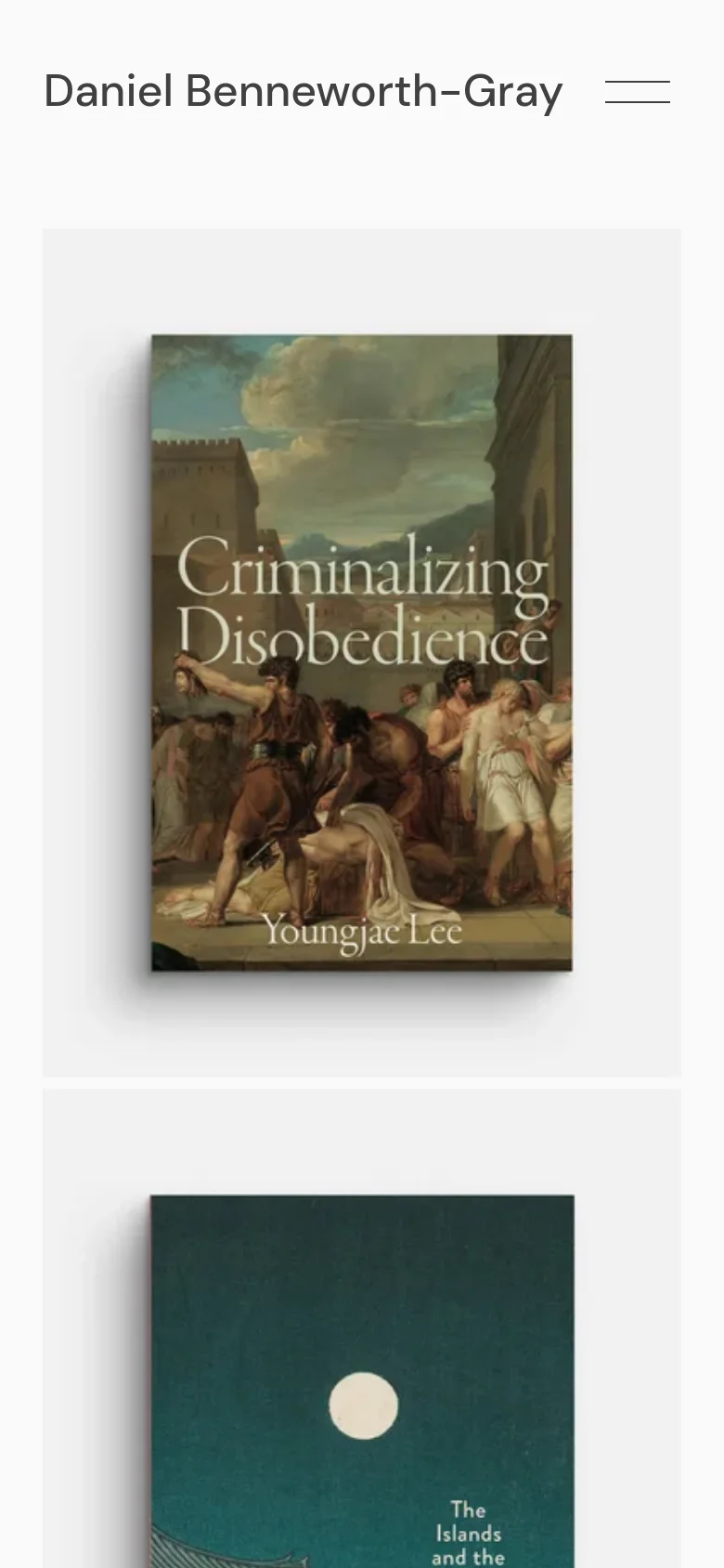 The mobile version presents the same minimalist aesthetic but uses a single-column layout for the book cover grid to fit the narrow screen. The header is simplified, featuring the name Daniel Benneworth-Gray next to a hamburger menu icon for navigation.