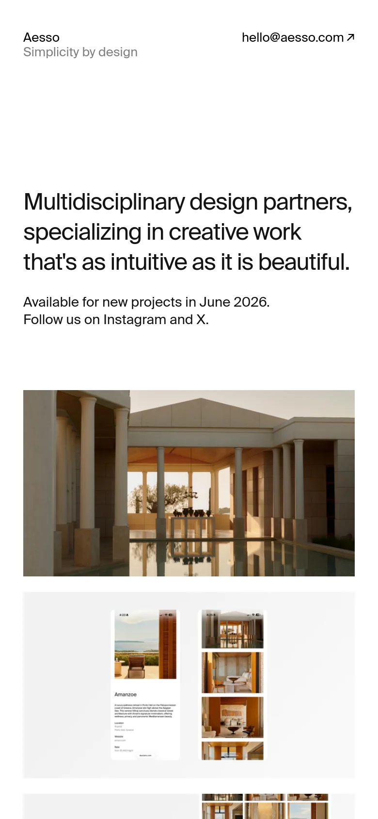 The mobile version presents a single-column vertical layout with the same minimalist white background and typography. The headline and availability text are stacked vertically above a large hero image of a classical building, followed by a grid of project preview images below.