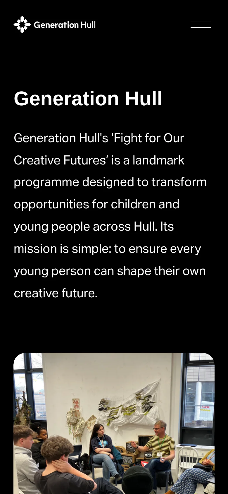 The mobile version uses a single-column vertical layout on a black background. The 'Generation Hull' headline and mission statement are stacked at the top, followed by large, full-width images for each program section. The navigation menu is condensed into a hamburger icon at the top right.