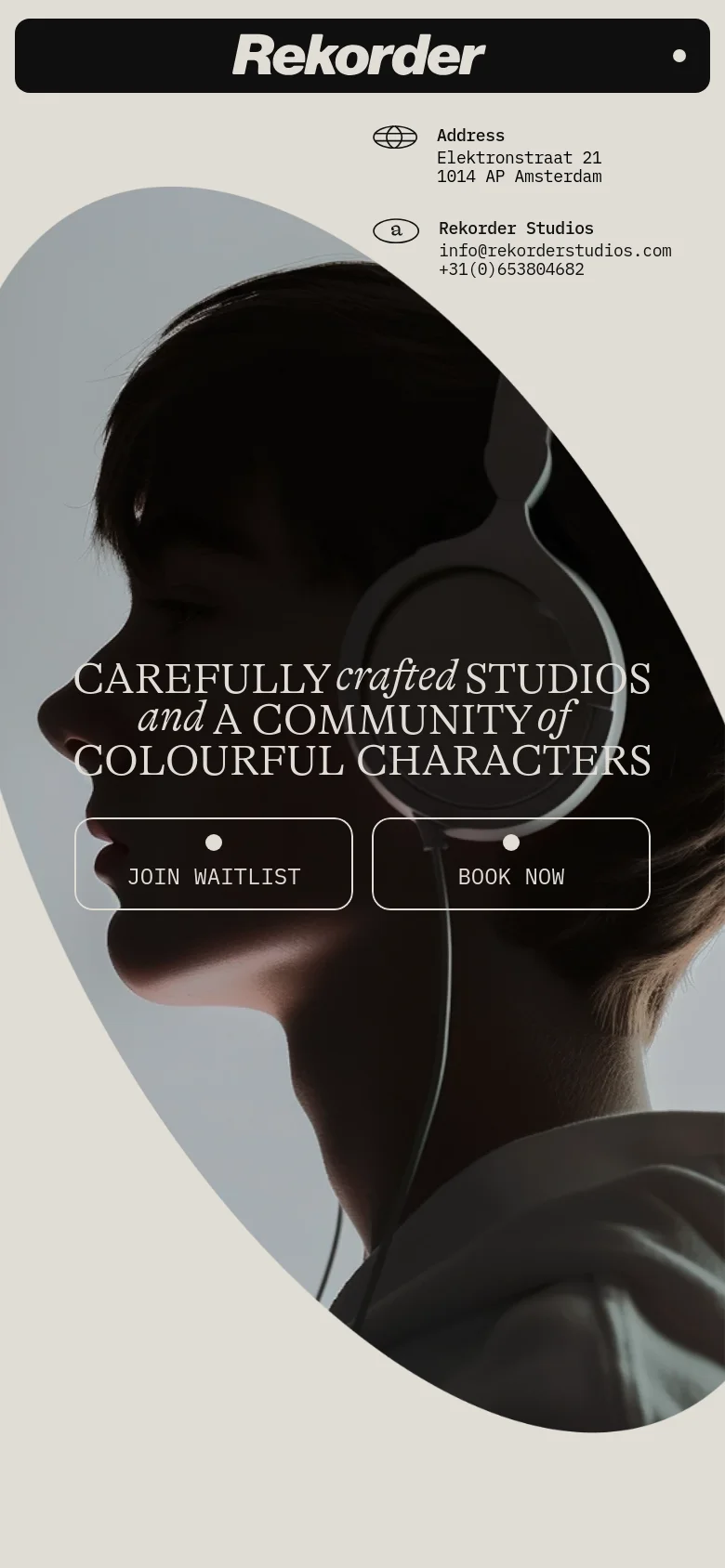 The mobile version presents a vertically oriented, cropped view of the hero image showing the person with headphones. The layout is simplified with the headline and call-to-action buttons stacked centrally, and the header information remains at the top for easy access on a smaller screen.