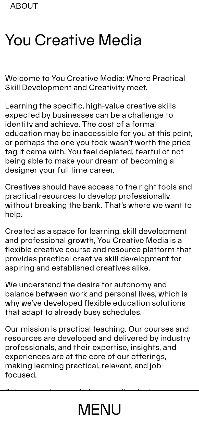 The mobile version presents a simplified, single-column vertical layout with a large 'ABOUT' header and 'You Creative Media' title. The text content is stacked vertically for readability, and the navigation is condensed into a large 'MENU' button at the bottom of the screen.