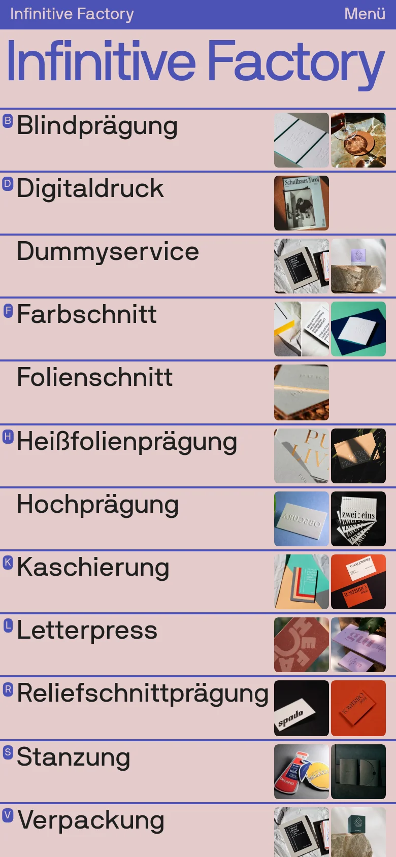 The mobile version shows a simplified layout with the large 'Infinitive Factory' title at the top and a 'Menü' button in the header. The service list follows a single-column vertical format, with text on the left and thumbnail images on the right, optimized for vertical scrolling.