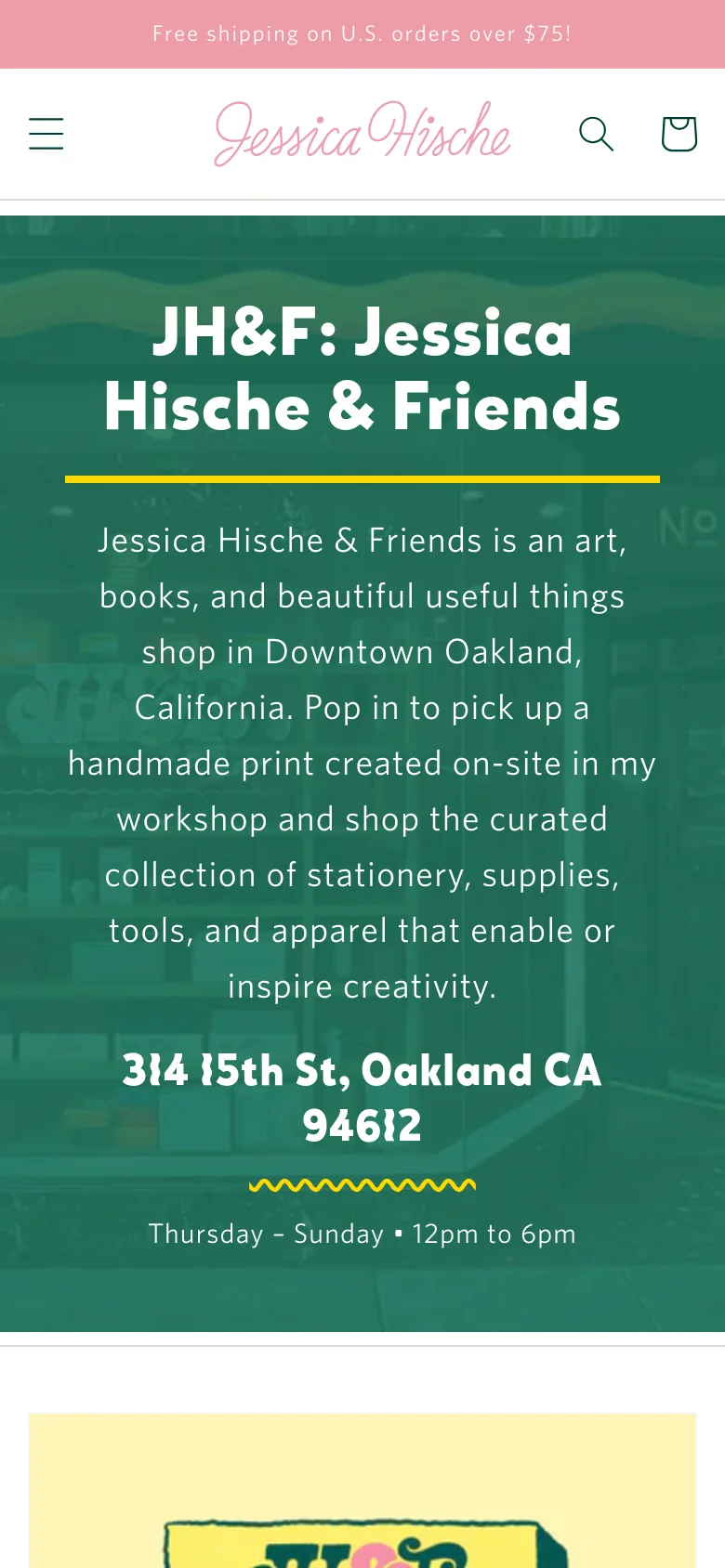 The mobile version simplifies the layout with a hamburger menu icon, the logo, a search icon, and a shopping bag icon in the header. The hero section remains prominent with a dark green background and white text, but the navigation links are hidden within the menu to save space.