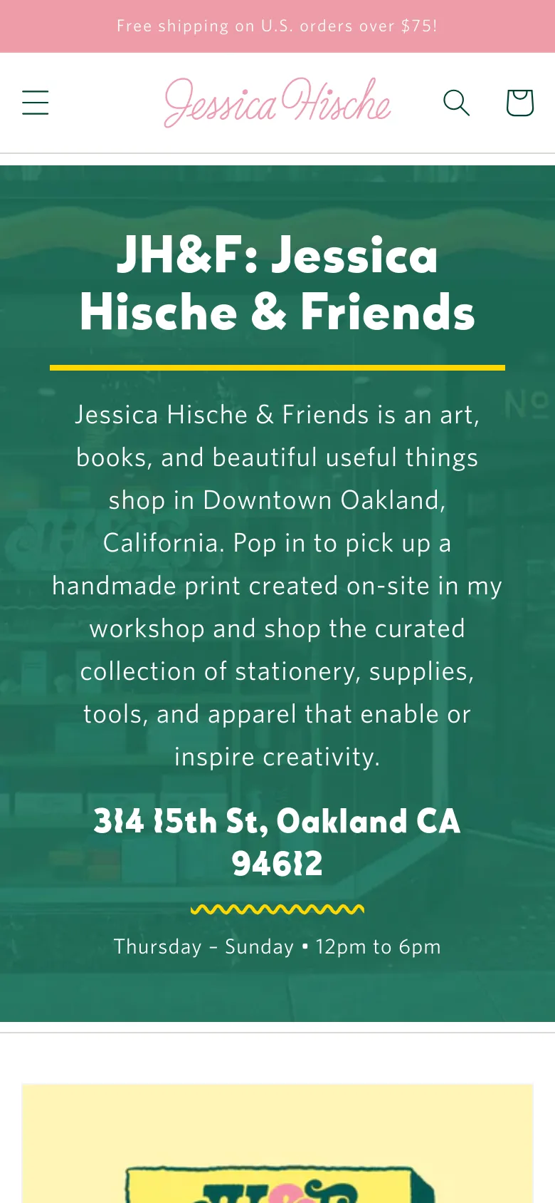The mobile version simplifies the layout with a hamburger menu icon, the logo, a search icon, and a shopping bag icon in the header. The hero section remains prominent with a dark green background and white text, but the navigation links are hidden within the menu to save space.