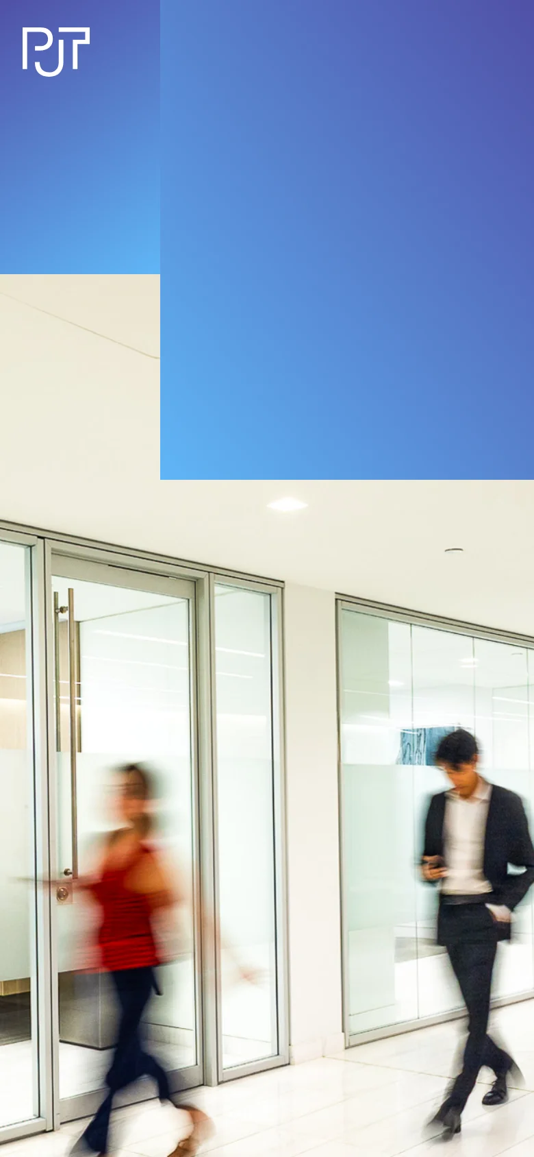 The mobile version displays the same hero image of a blurred office environment with a blue gradient overlay. The layout is simplified, focusing on the large visual and the PJT logo, with navigation likely condensed into a menu icon.