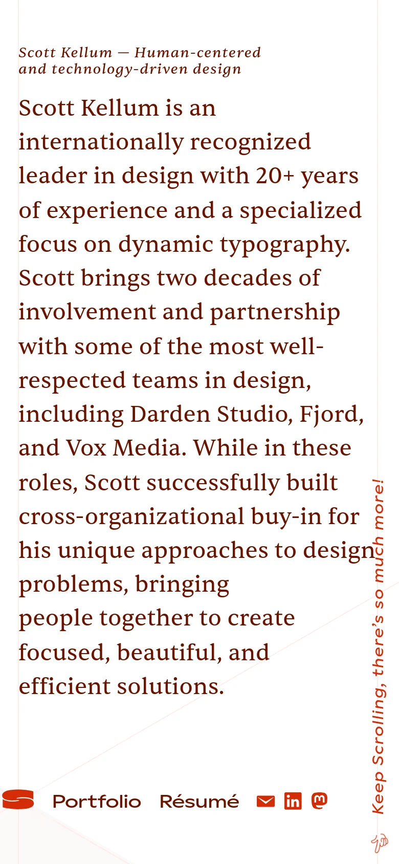The mobile version presents a single-column layout optimized for vertical scrolling, maintaining the cream background and red serif text. The introductory text is stacked vertically, and the navigation links and social icons are moved to the bottom of the viewport for easier access.