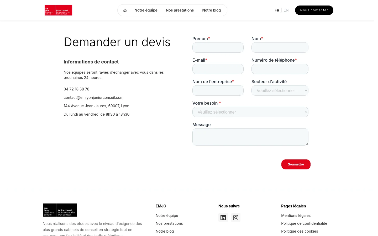 The desktop contact page features a clean white layout with a header containing the logo, navigation links, and a 'Nous contacter' button. The main content includes a large headline 'Demander un devis' followed by contact information on the left and a multi-field contact form on the right. A red 'Soumettre' button sits at the bottom of the form, and the footer contains company information and social media icons.