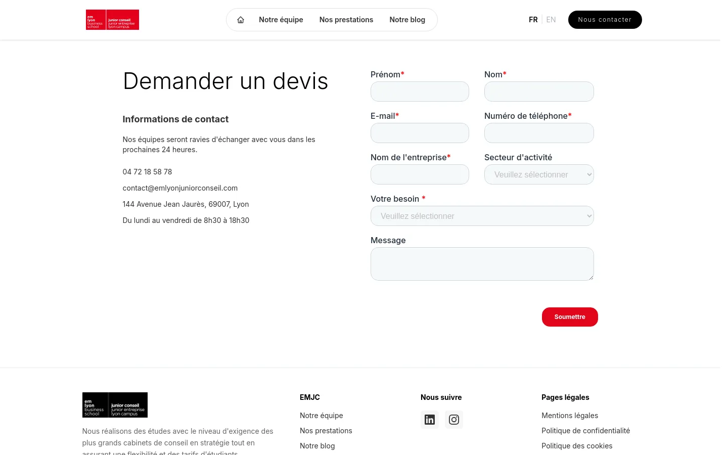 The desktop contact page features a clean white layout with a header containing the logo, navigation links, and a 'Nous contacter' button. The main content includes a large headline 'Demander un devis' followed by contact information on the left and a multi-field contact form on the right. A red 'Soumettre' button sits at the bottom of the form, and the footer contains company information and social media icons.