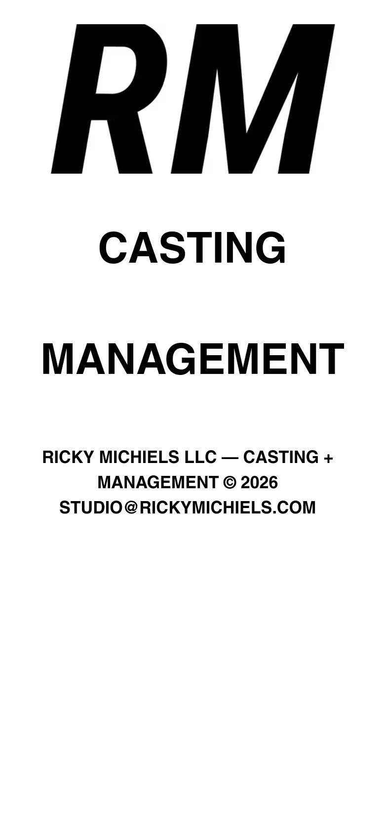 The mobile version simplifies the layout into a single vertical column on a white background. The large 'RM' logo remains at the top, followed by the 'CASTING' heading and then the 'MANAGEMENT' heading stacked vertically. The footer text is centered at the bottom of the screen.