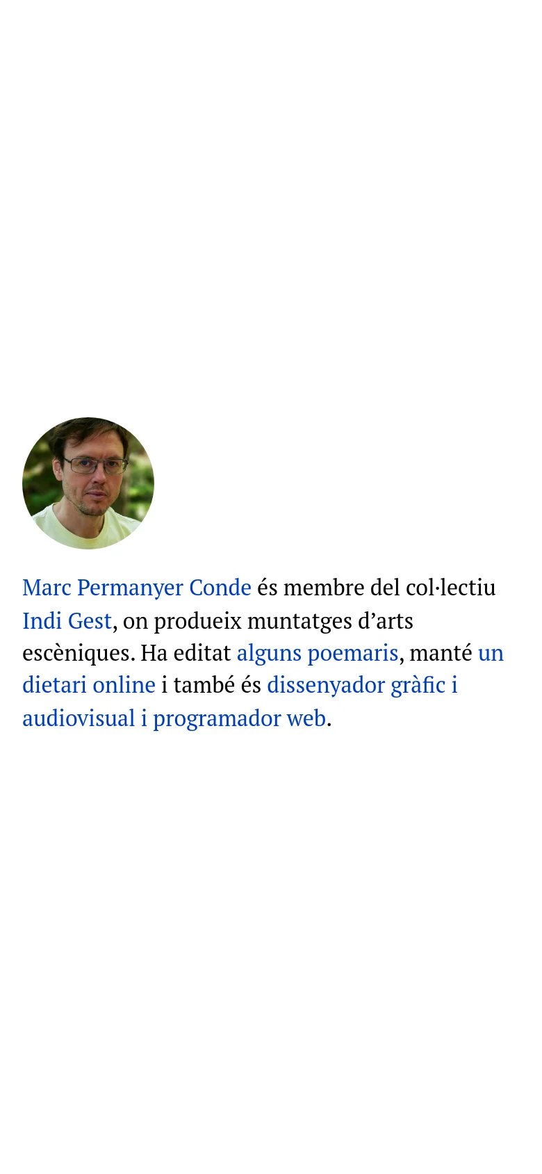The mobile version presents a vertically stacked layout optimized for small screens. The circular profile image is centered above the biographical text, which spans the width of the screen. The minimalist aesthetic and white background are maintained, but the content is condensed into a single column.