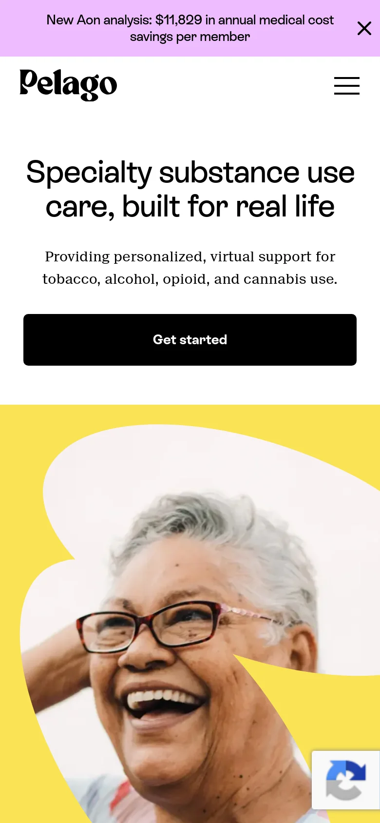 The mobile version uses a single-column layout with a condensed header featuring a hamburger menu icon. The hero section displays the main headline and 'Get started' button stacked vertically above a large, cropped image of a smiling woman against a yellow background.