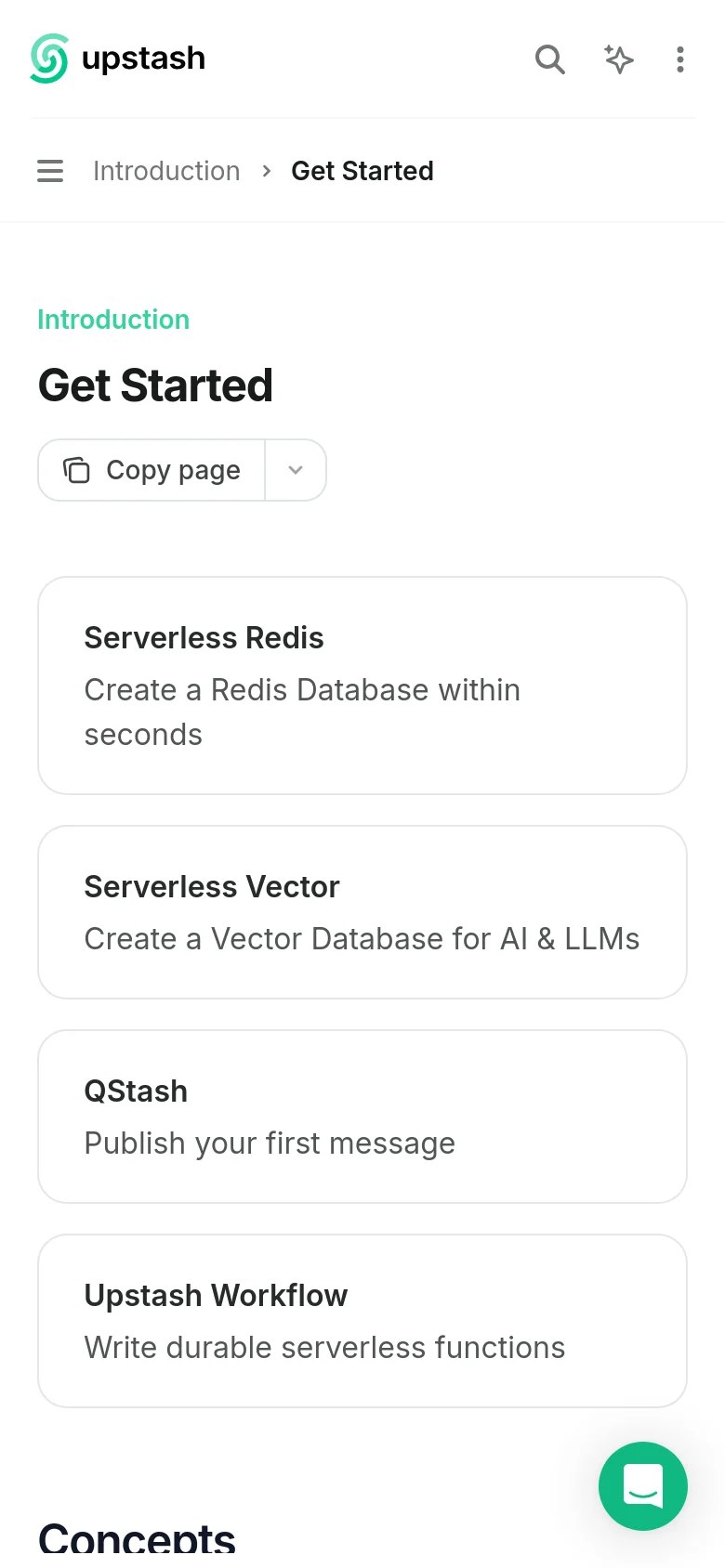 The mobile version simplifies the layout by hiding the sidebars behind a hamburger menu icon at the top left. The main content remains focused on the 'Get Started' heading and the vertical stack of service cards, such as Serverless Redis and QStash, optimized for vertical scrolling on a smaller screen.