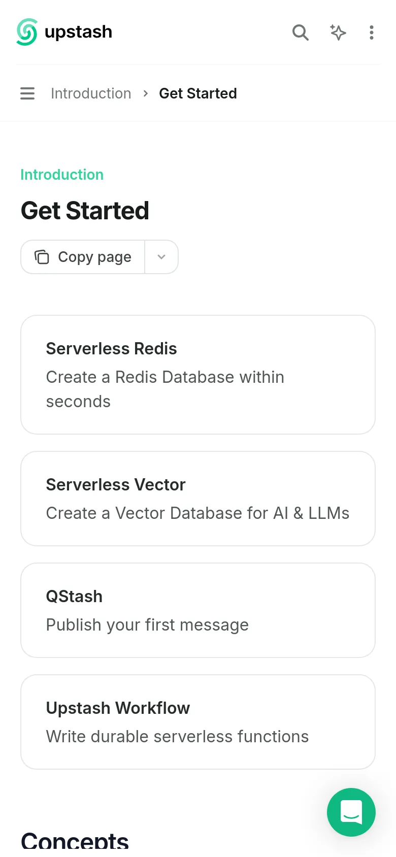 The mobile version simplifies the layout by hiding the sidebars behind a hamburger menu icon at the top left. The main content remains focused on the 'Get Started' heading and the vertical stack of service cards, such as Serverless Redis and QStash, optimized for vertical scrolling on a smaller screen.