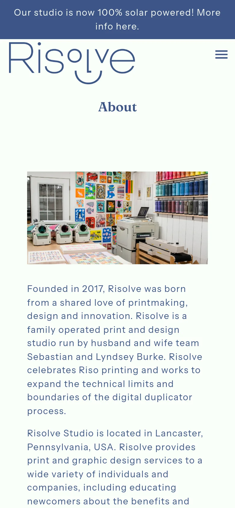 The mobile version maintains the same content but uses a condensed layout. The desktop navigation menu is replaced by a hamburger icon, and the hero image and text stack vertically to fit the narrower screen width.