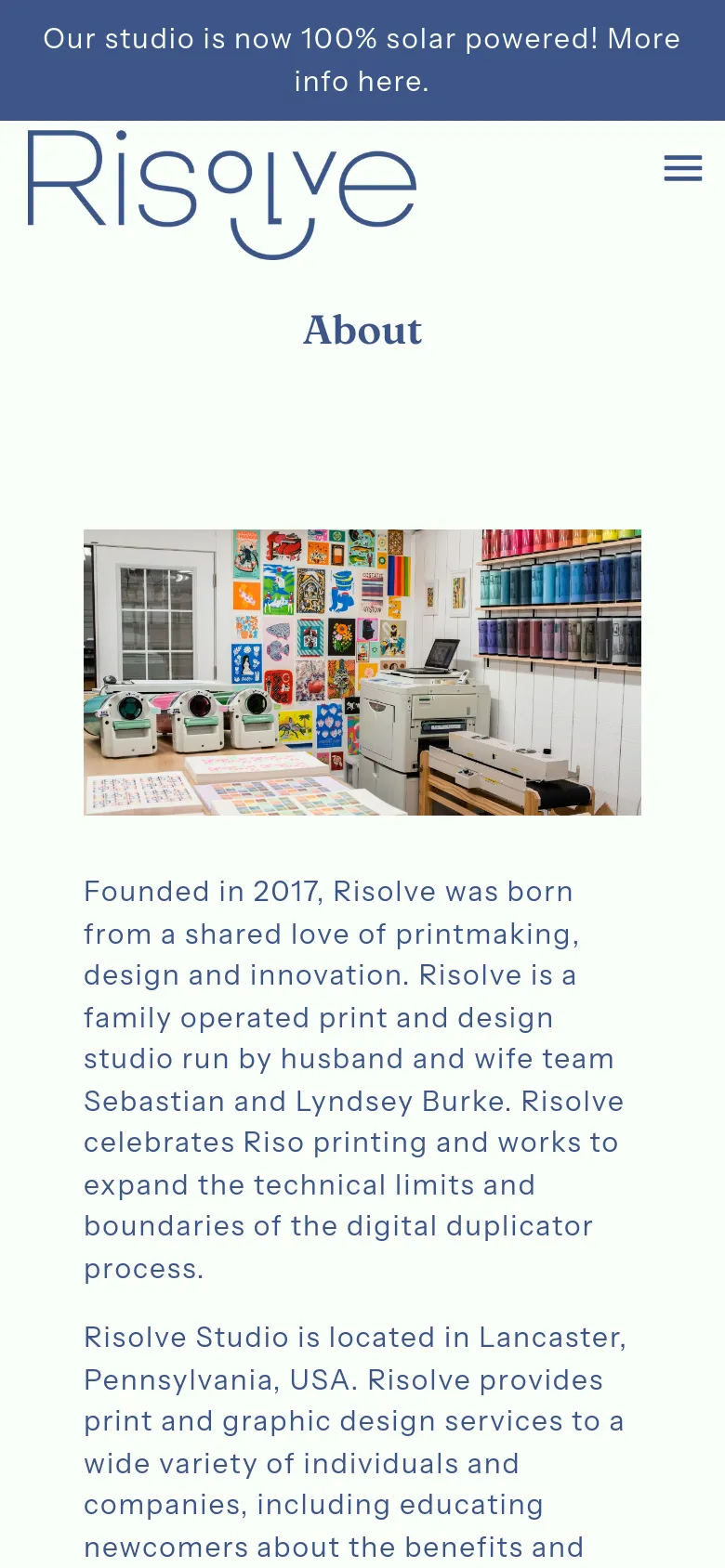 The mobile version maintains the same content but uses a condensed layout. The desktop navigation menu is replaced by a hamburger icon, and the hero image and text stack vertically to fit the narrower screen width.