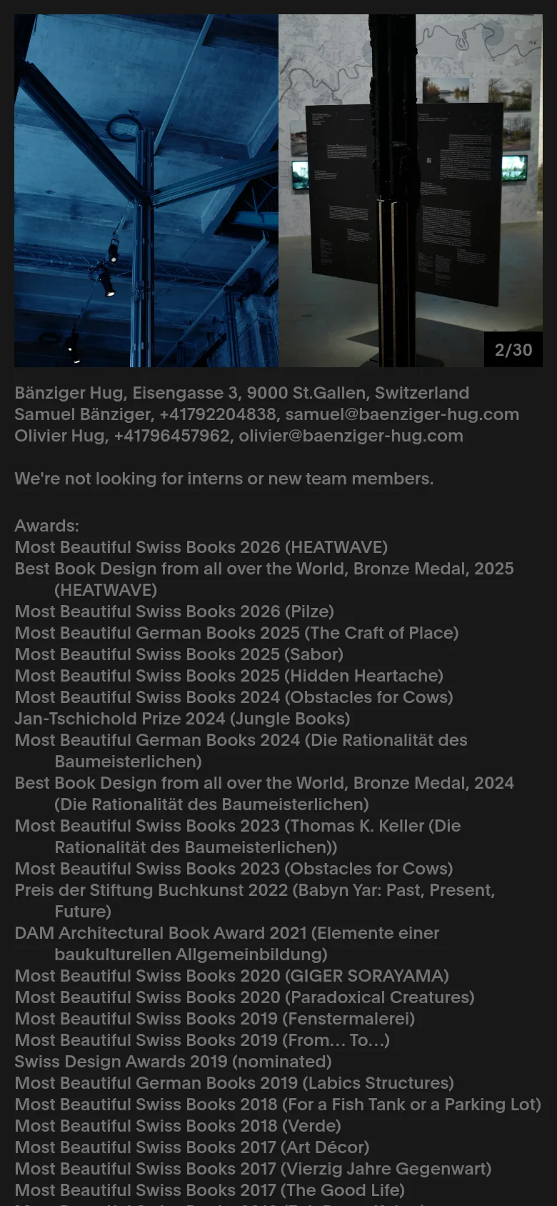 The mobile version presents a vertically stacked layout with the image slideshow occupying the top portion of the screen. The contact details and award list are moved below the imagery, appearing in a single column for easier scrolling on a narrow screen.