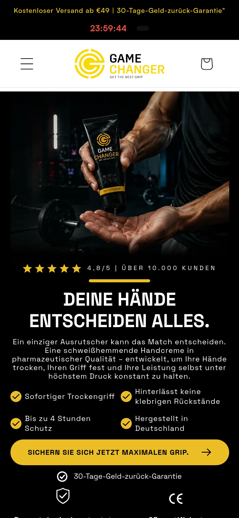 The mobile version presents a vertically stacked layout, starting with a hamburger menu and the brand logo. The hero image of the hand cream is centered above the large headline and yellow 'SICHERN SIE SICH JETZT MAXIMALEN GRIP' button. Key product benefits are listed with yellow checkmarks, and the layout is optimized for vertical scrolling on a narrow screen.