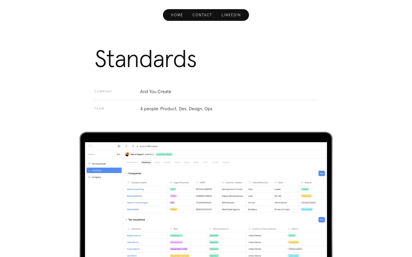 A desktop portfolio page for 'Standards' featuring a minimalist white background with black text. The layout includes a navigation bar at the top, a large 'Standards' headline, project metadata, and a large hero image of a laptop displaying a complex financial data dashboard with colorful status tags.