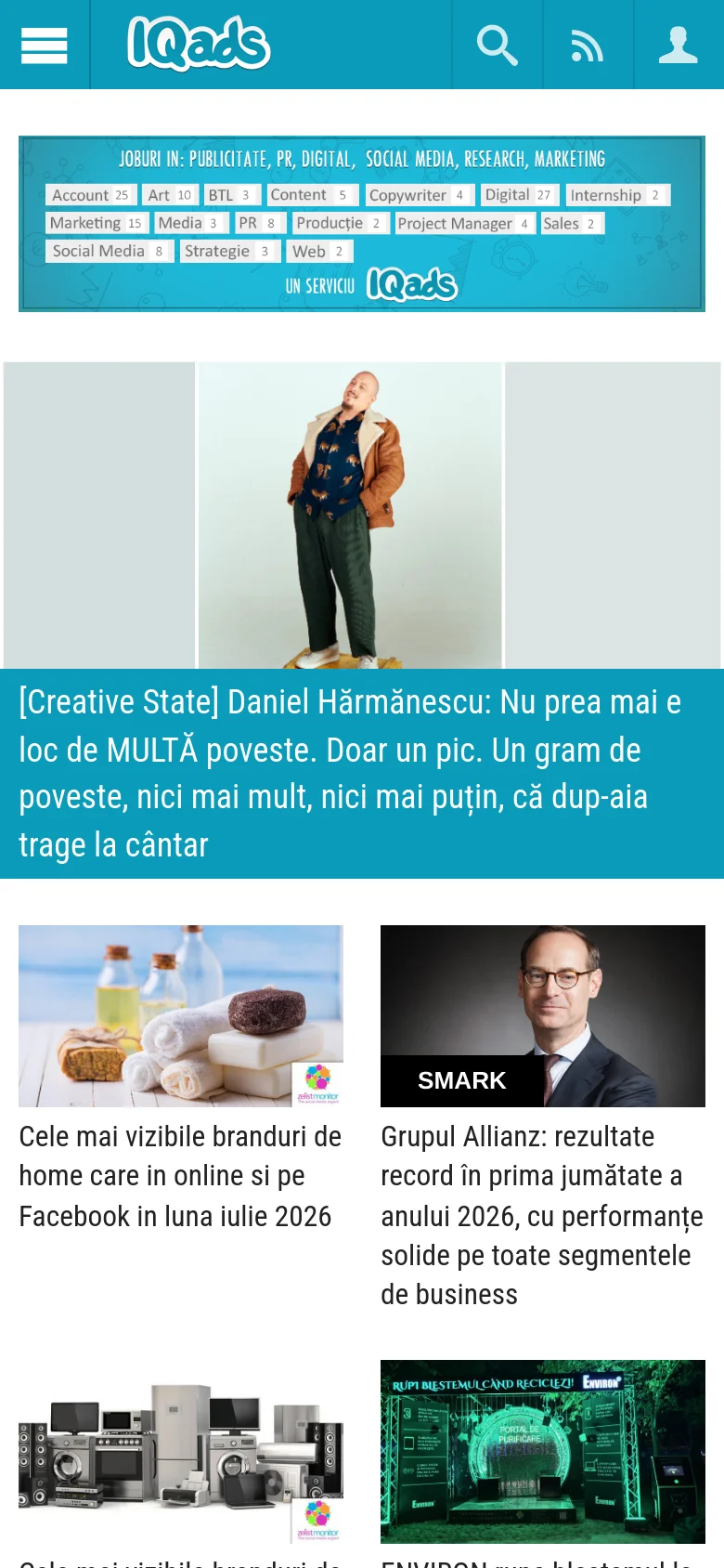 The mobile version presents a vertically stacked layout optimized for small screens. The teal navigation bar and search icon are at the top, followed by a condensed tag cloud of categories. The hero image and headline are centered, with article cards appearing in a single-column scrollable format below.